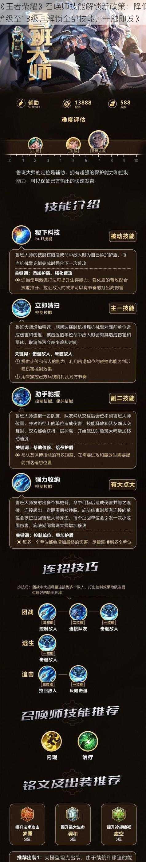 《王者荣耀》召唤师技能解锁新政策：降低等级至13级，解锁全部技能，一触即发》