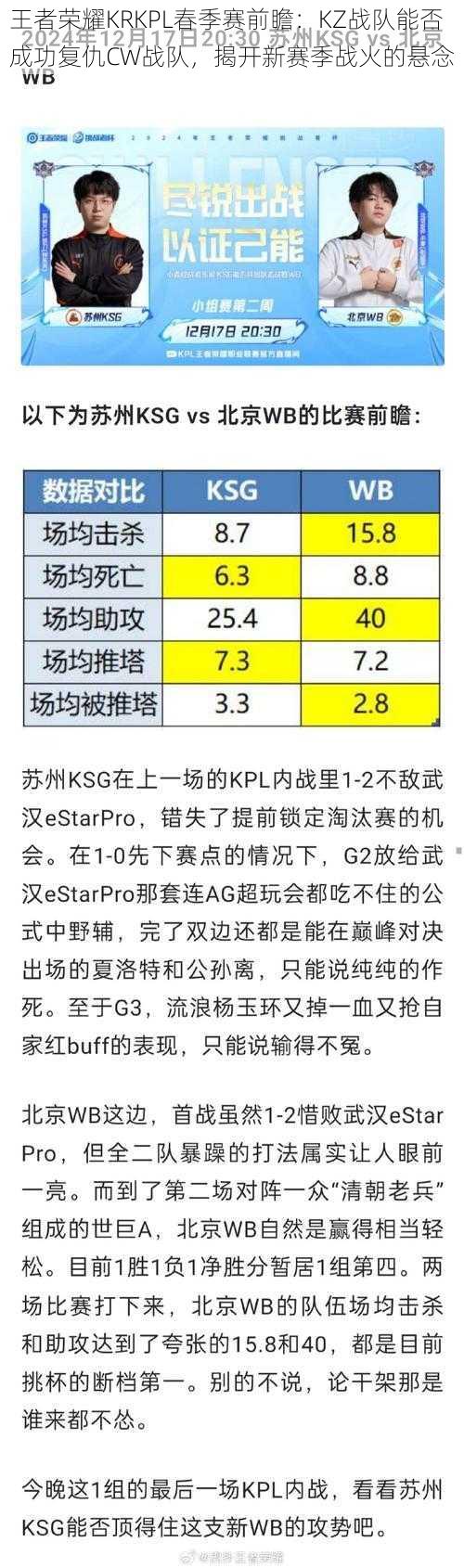 王者荣耀KRKPL春季赛前瞻：KZ战队能否成功复仇CW战队，揭开新赛季战火的悬念