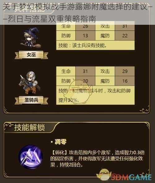 关于梦幻模拟战手游露娜附魔选择的建议——烈日与流星双重策略指南