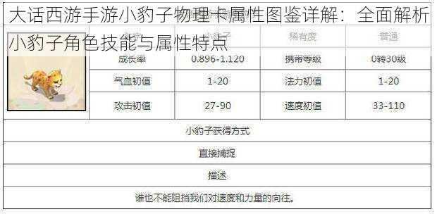 大话西游手游小豹子物理卡属性图鉴详解：全面解析小豹子角色技能与属性特点