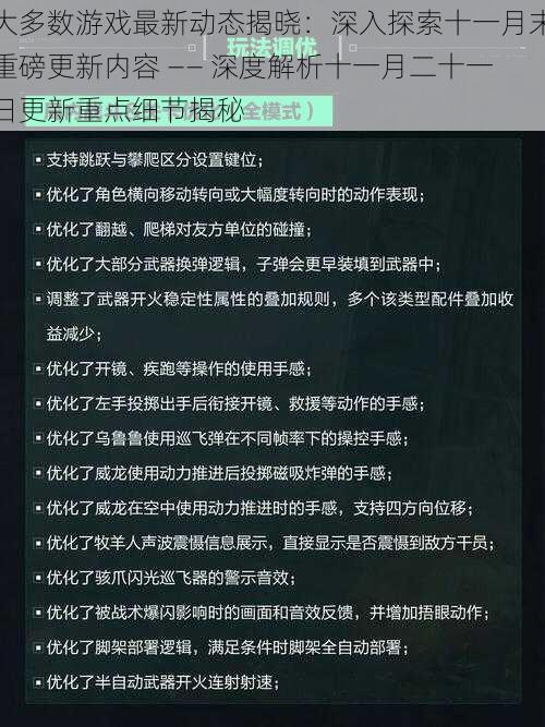 大多数游戏最新动态揭晓：深入探索十一月末重磅更新内容 —— 深度解析十一月二十一日更新重点细节揭秘